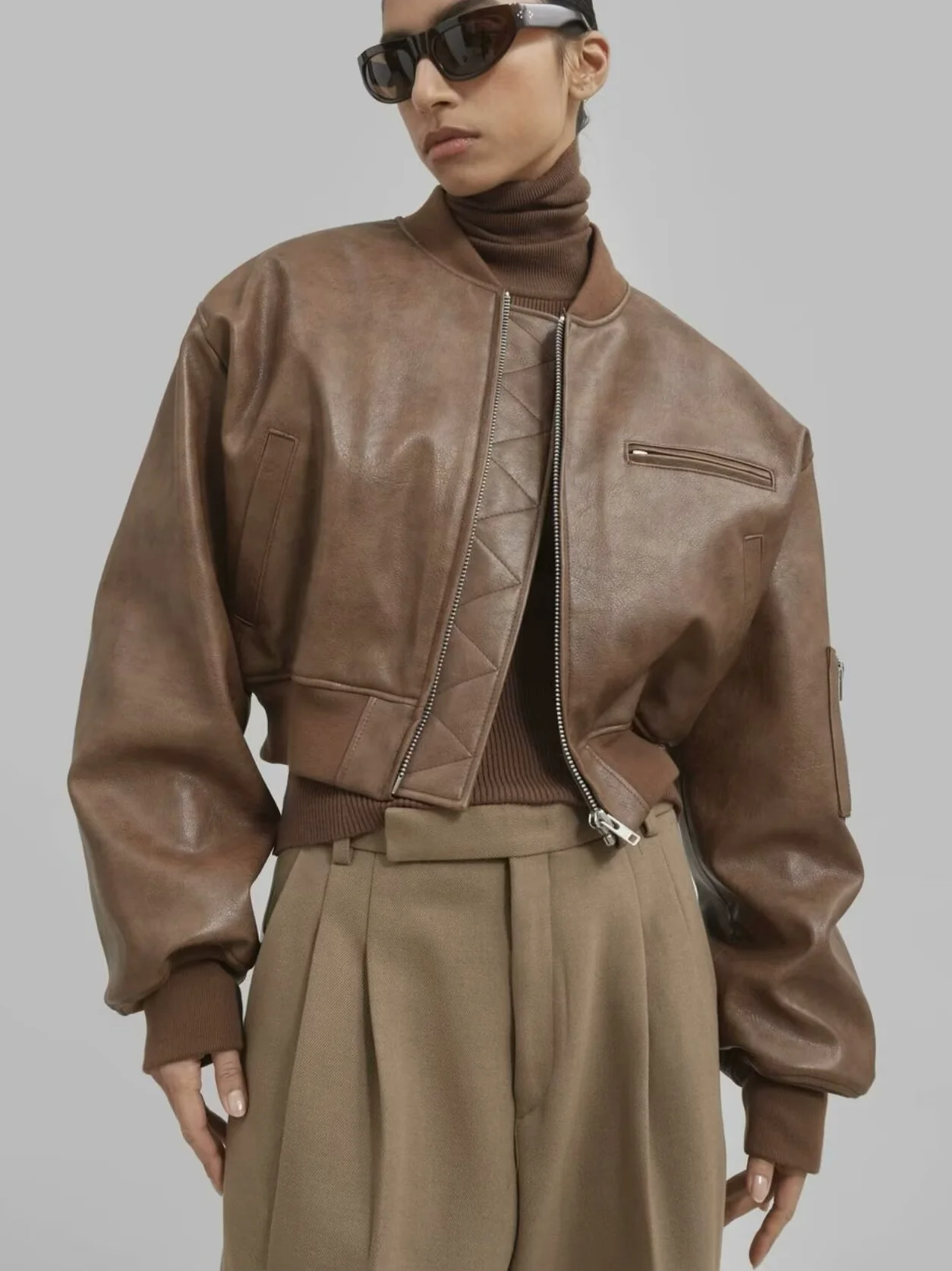 Blouson d'hiver similicuir PU femme, noir, marron, avec fermeture éclair