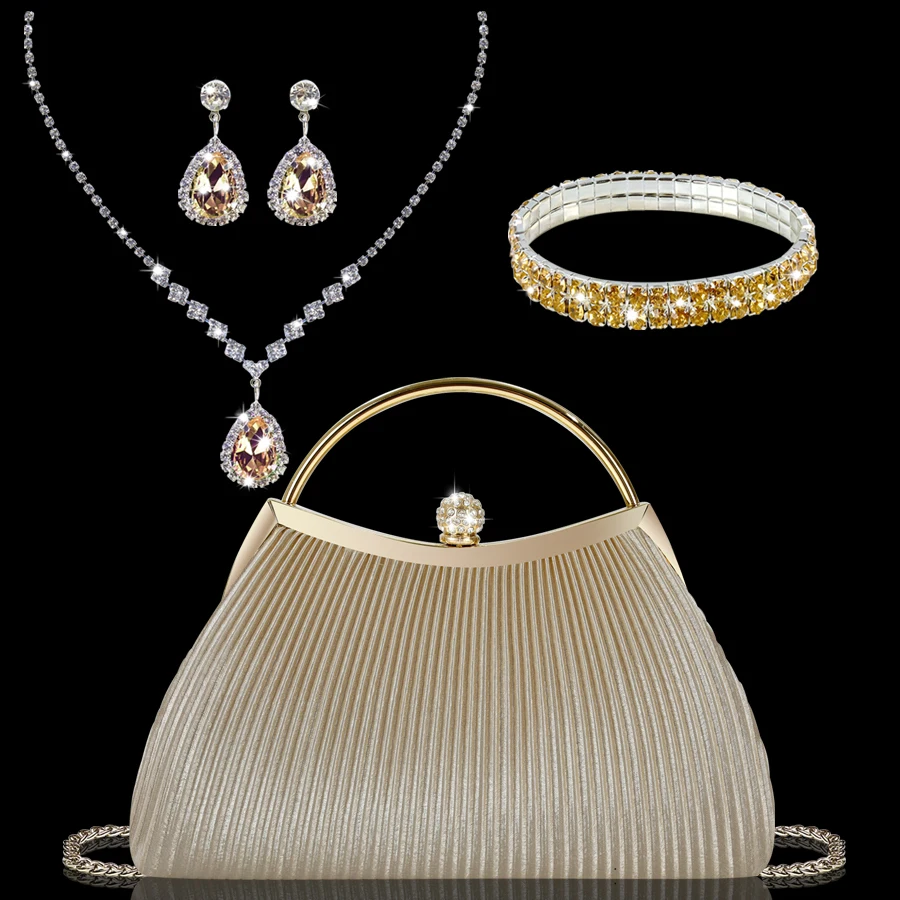 

Великолепный клатч для банкетной вечеринки в полоску в стиле ретро в сочетании с легким роскошным колье, серьгами и браслетом из стразов из четырех частей.