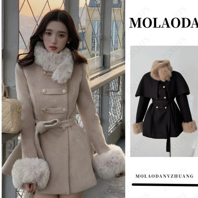 Cloak Long Sleeve Shawl Lace Up Coat Autumn And Winter Woolen Sweater Fashionable Woolen Coat High-End Temperament Layering Suit