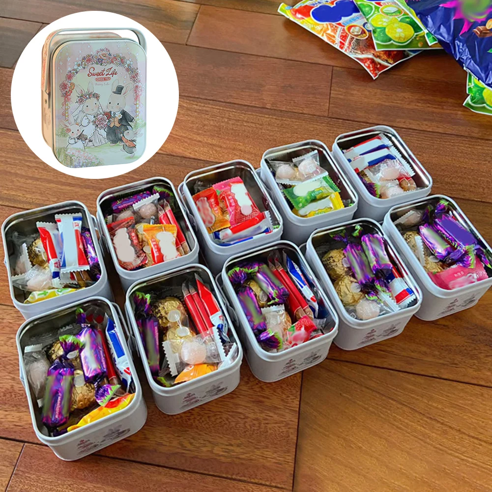 Metal Rabbits Candies Tin Box With Handle Portable Biscuits Storage Case Cartoon Pattern Candy Box For Present Wrapping Supplies