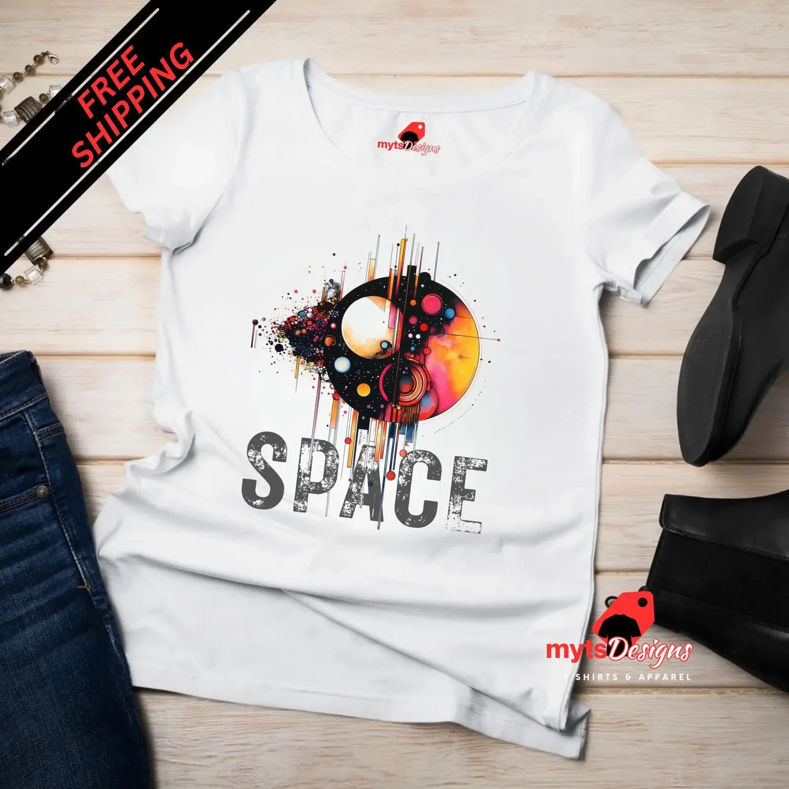 Geometric Space T Shirt Vivid Abstract Cosmic Art vintage Washed homme streetwear Top For Everyday Wear fashion Stylish graphic