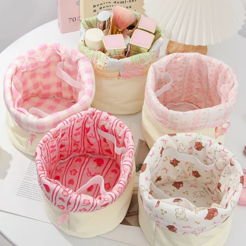 Korean Ins Style Striped Stationery Storage Basket Kawaii Cartoon Large Capacity Makeup Organizer for Desk Portable Pencil Pouch