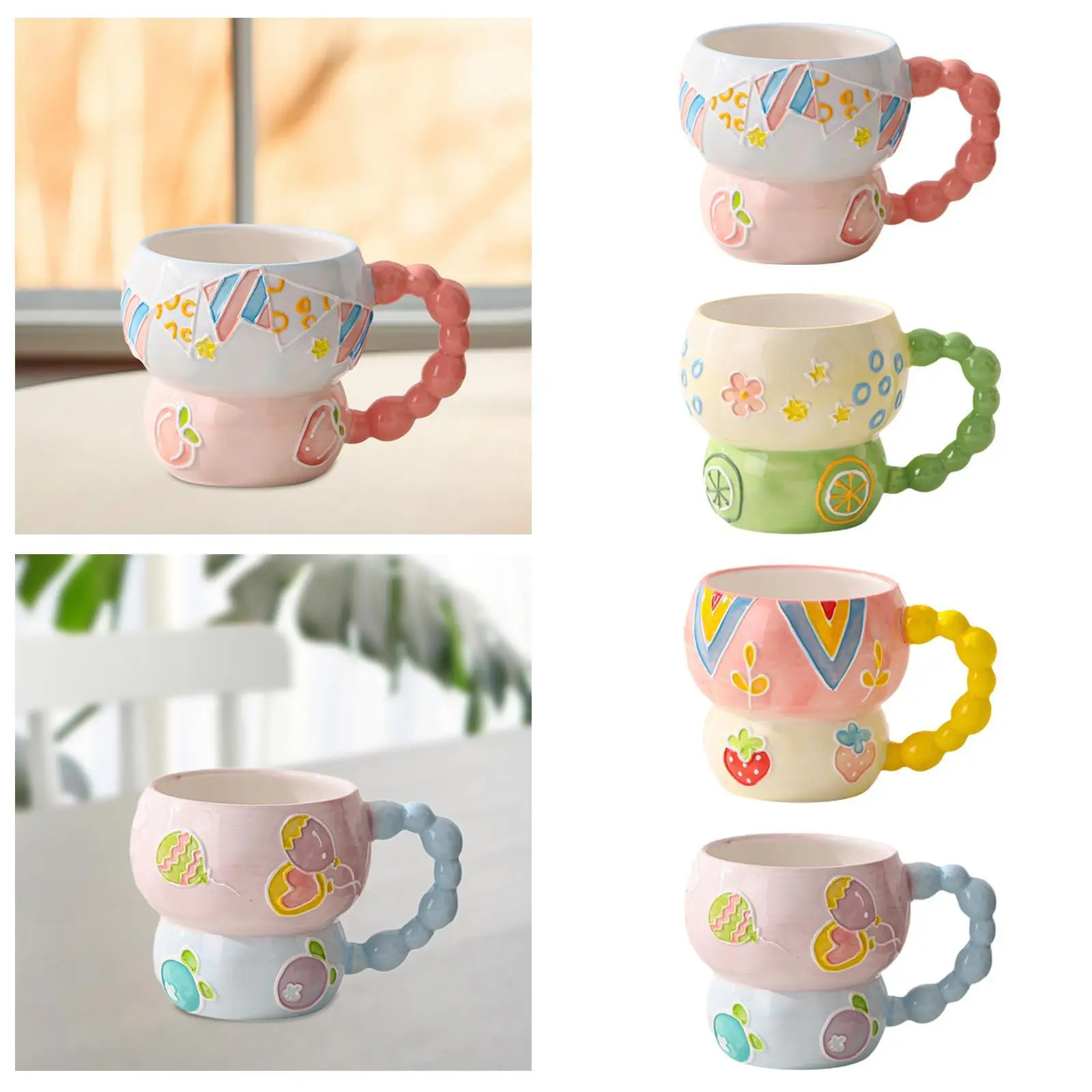 Embossed Porcelain Coffee Mug Bead Handle Large Ceramic Breakfast Cup Cartoon Water Cup Underglaze Color Technology for Home