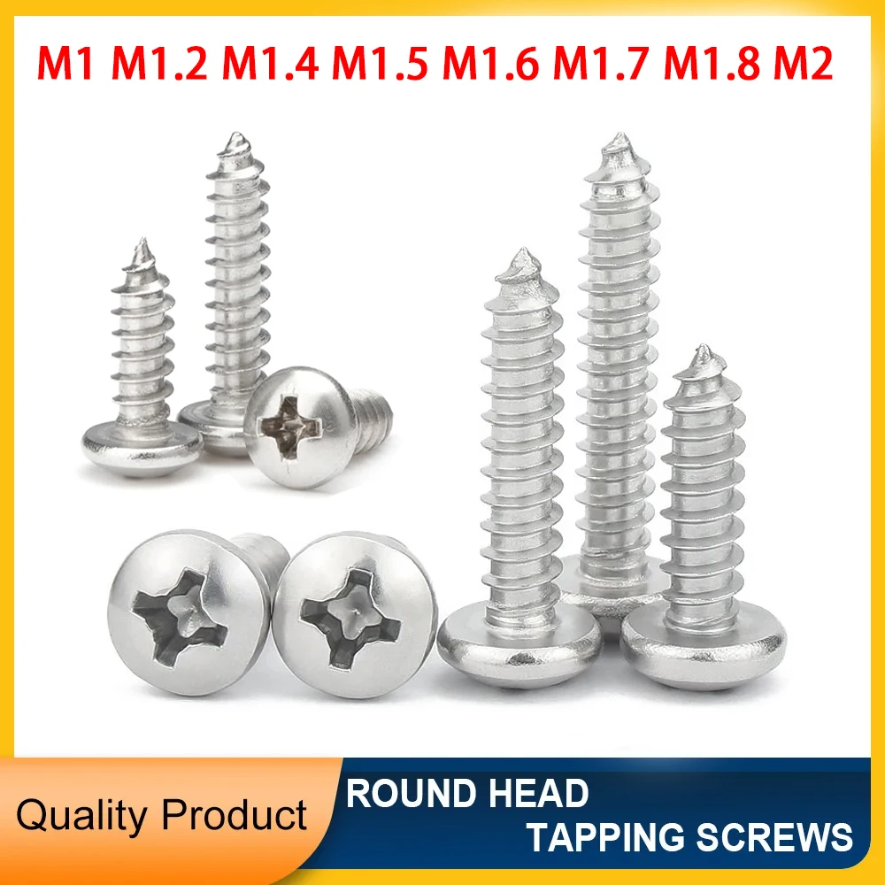 50/100/150pcs Small Cross Round Head Tapping Screw M1 M1.2 M1.4 M1.5 M1.6 M1.7 M1.8 M2 304 Stainless Steel Phillips Self-tapping