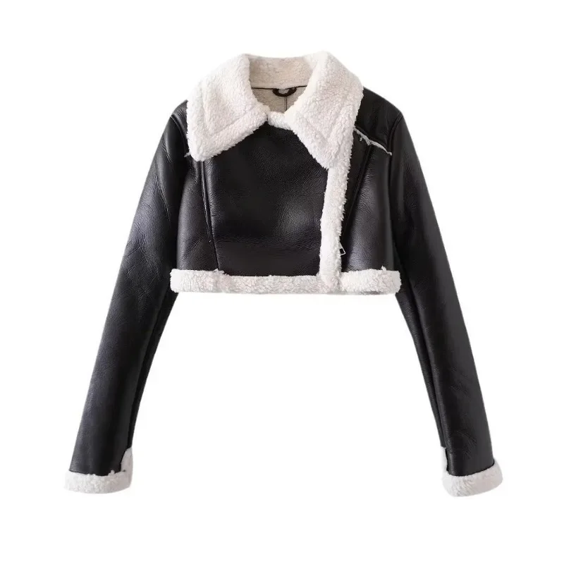 Chic Cropped Leather Jacket Women Motorcycle Jackets Streetwear Wool Faux Fur Coat Long Sleeve Zipper Warm Autumn Winter Clothin