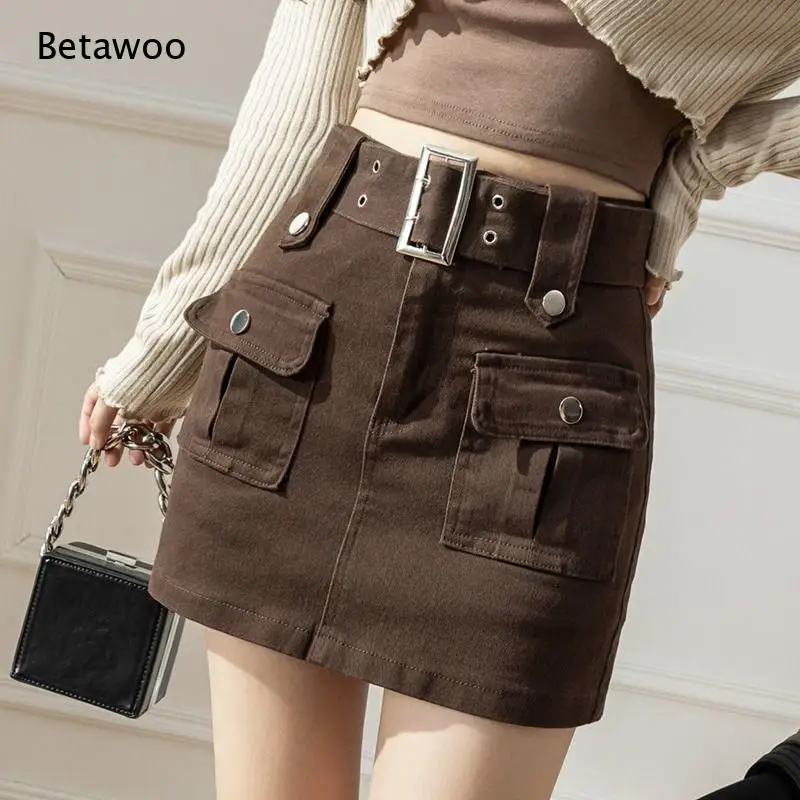 Ladies High Waist Cargo Skirt Built In Safety Shorts Multi Pocket Metal Buckle Belt Decor Slim Fit Mini Skirt