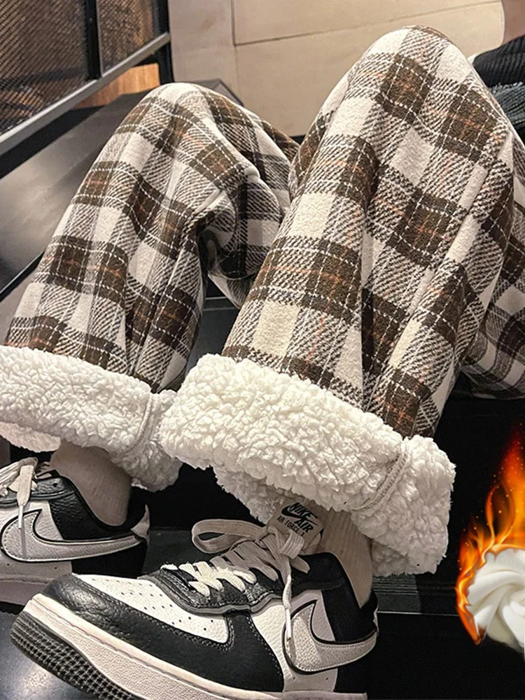 

Retro American Plaid Thiened Fce Wide Leg Pants Men Women Autumn Winter Cotton Pants Straight Tube Pants Youth Sle