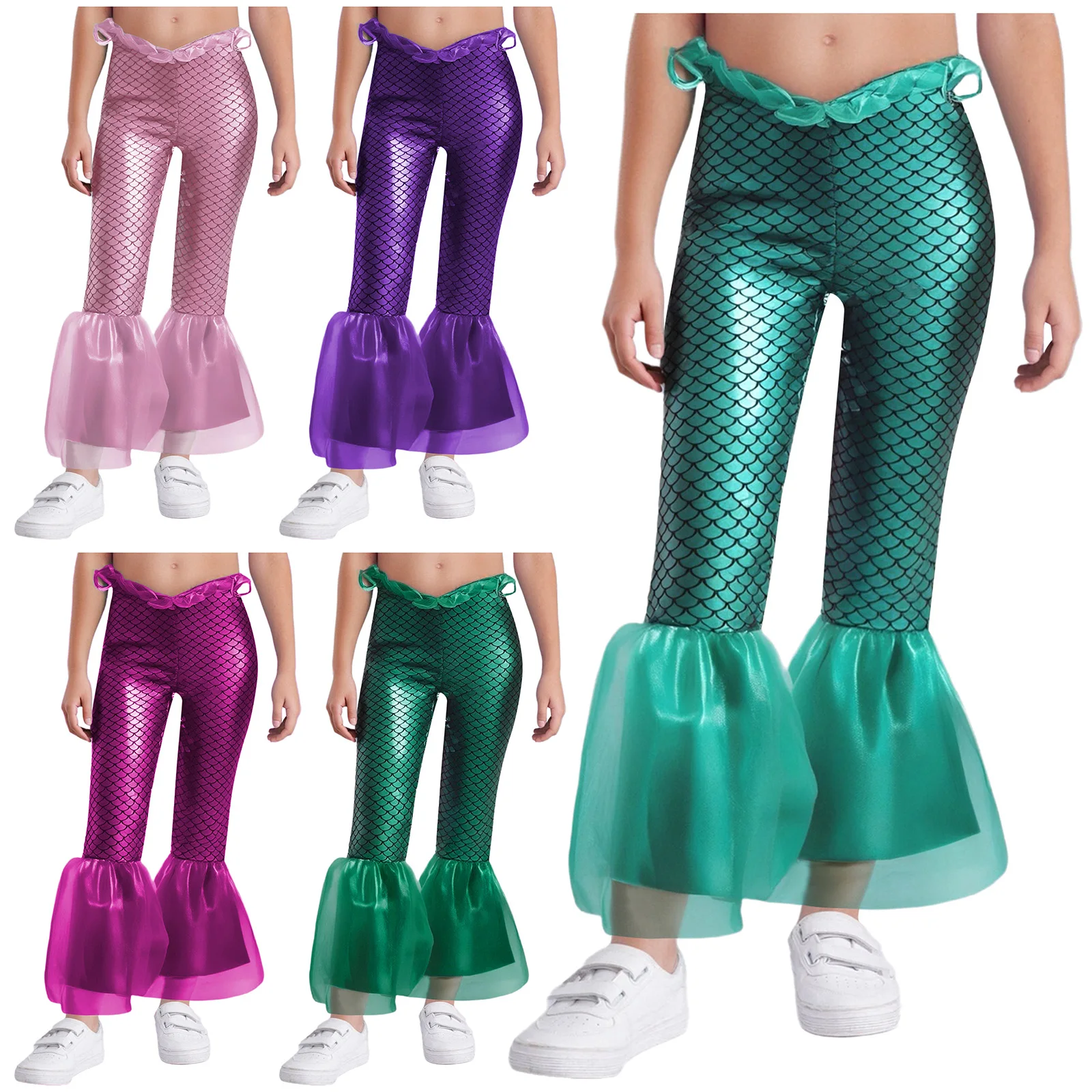 Kids Girls Halloween Mermaid Princess Sea Queen Cosplay Costume Shiny Fish Scales Print Ruffle Mesh Flared Pants for Theme Party - view 3