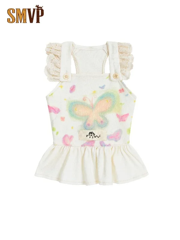 Pet Flutter Sleeve Strap Dress Colorful Butterfly Print Pet Summer Dress for Small Dogs Cats Cute Ruffle Hem Outfit Apparel