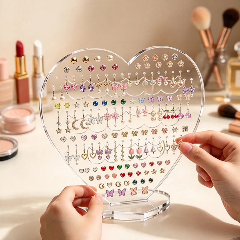 Jewelry Display Stand Capacity Heart-shaped Acrylic Earring Stand Transparant Jewelry Organizer with Multiple Card Slots