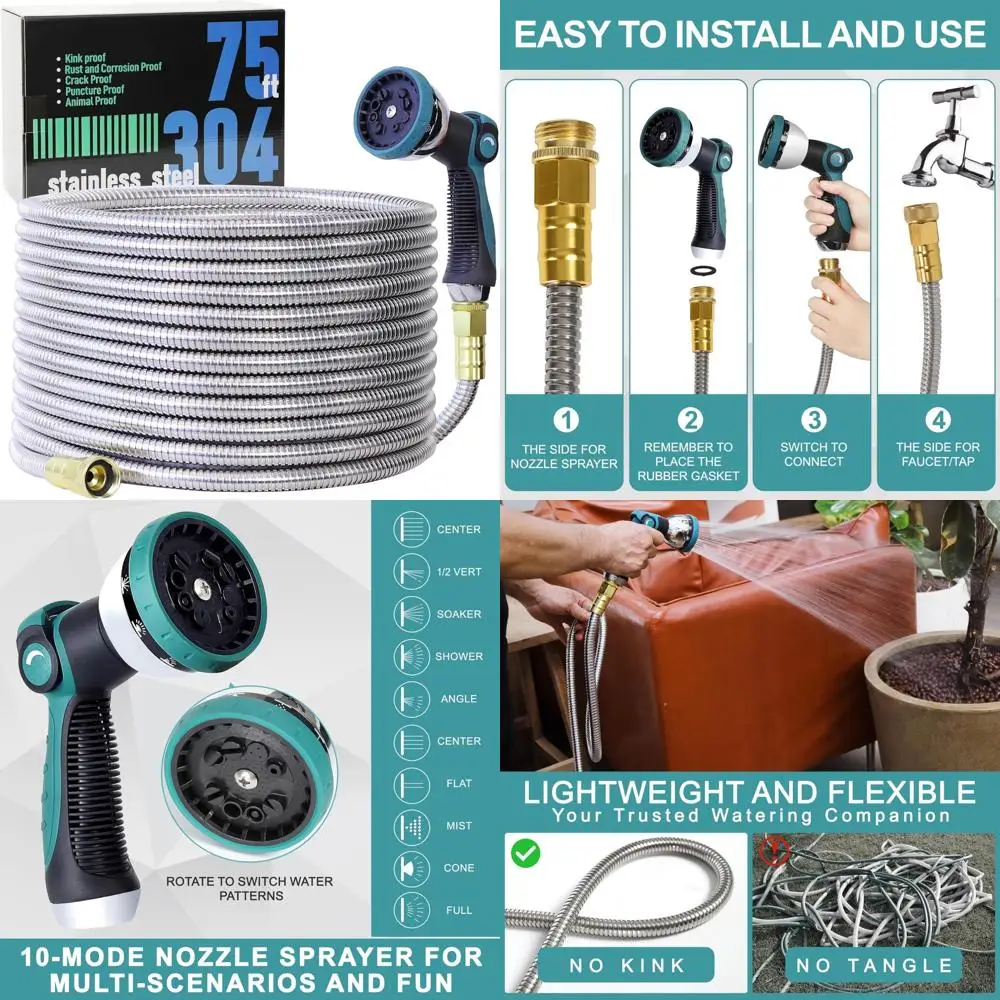 

Flexible 75FT Stainless Steel Garden Hose with 10-Mode Nozzle Sprayer, Lightweight, Kink-Free, Puncture Resistant, Ideal for Out