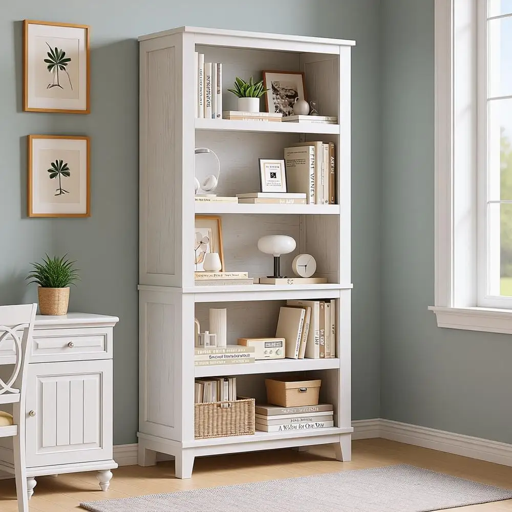 

Высокий книжный шкаф 71 дюйм с регулируемыми полками и деревянными ножками, 5 ярусов, винтажный деревянный стеллаж для гостиной или офиса (белый, 71,3 дюйма)