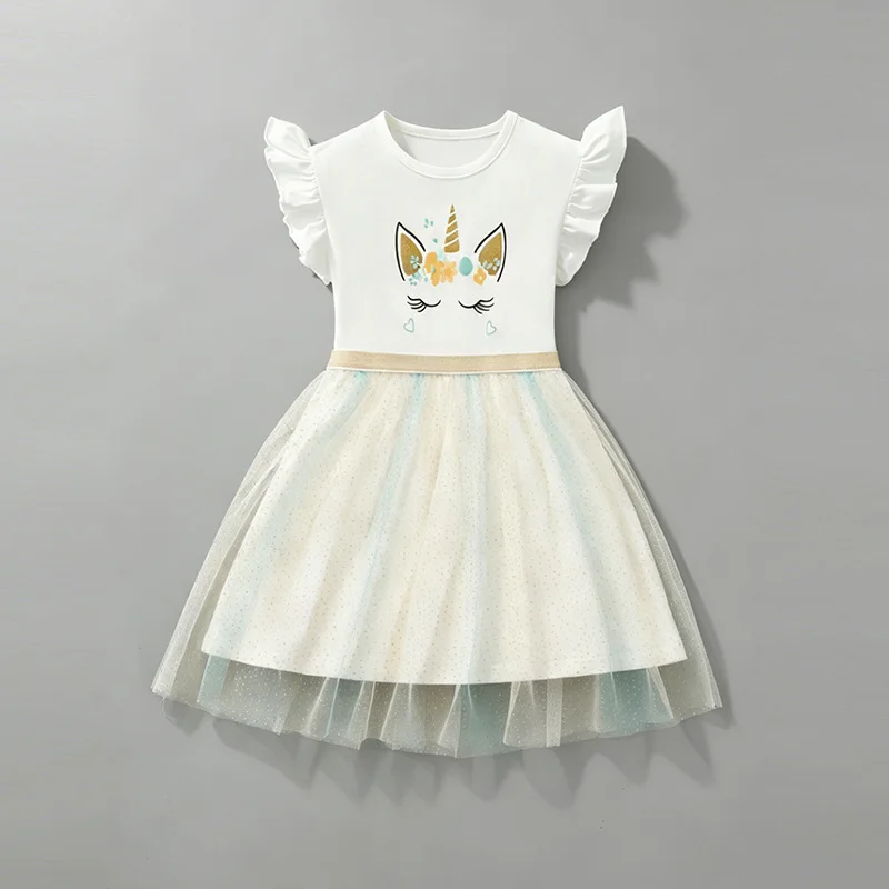 Spring and summer European and American children's lotus leaf short-sleeved mesh dress cartoon animal round neck printed skirt