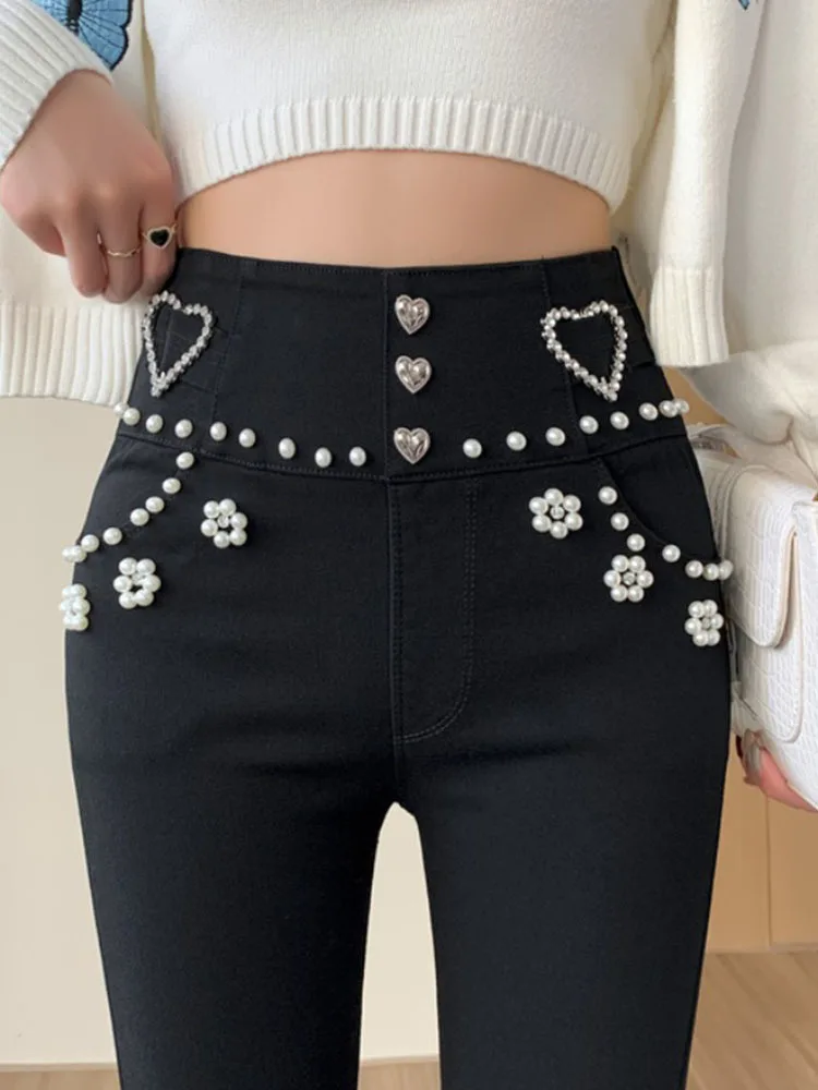 Streetwear Spring Women Luxury Embroidered Flares Pencil Pants Trousers White Black Slim High Waist Girls Single Buttons Pants