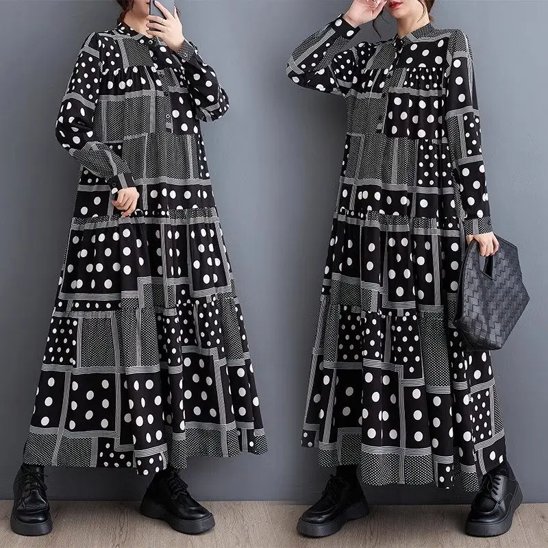 

High End Design Women Long Sleeve Polka Dot Print Dress Patchwork Fashionable Casual Versatile Loose Autumn Shirt Dress Z2728