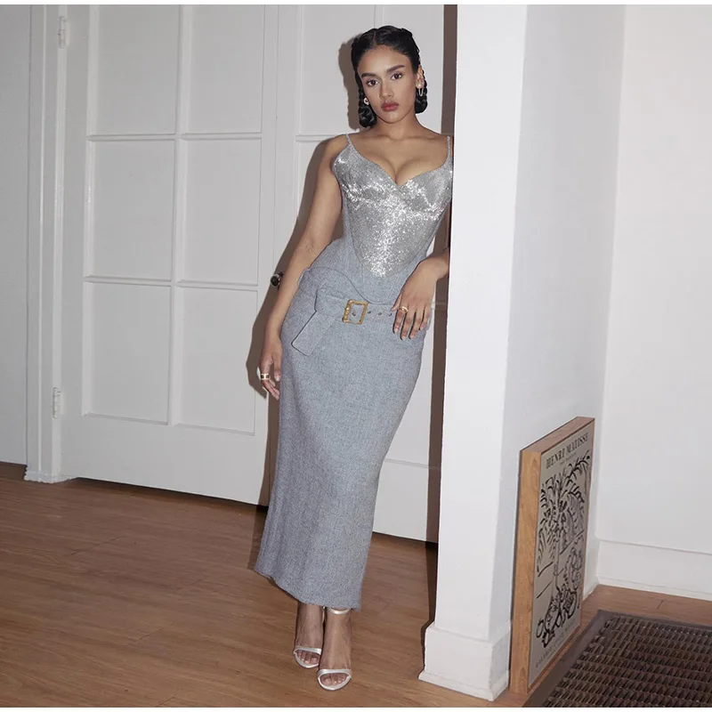 

2026 New Party Two-Piece Outfit Fashion Glitter Corset Skirt Set Women's Strapless Bodycon Tops Hip Package Skirts With Belt
