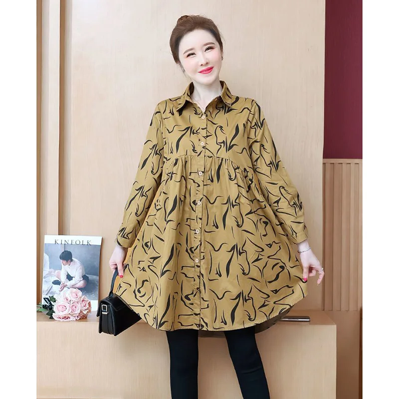 Fashion Lapel Printed Button Loose Folds Korean Mini Dress Women\'s Clothing 2023 Spring Summer New Oversized Casual Dresses