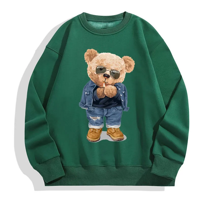 Men\'s Round Neck Pullovers Autumn Winter Outdoor Male Funny Pose Teddy Bear Pattern Print Sweatshirts Fashion Casual Pullover