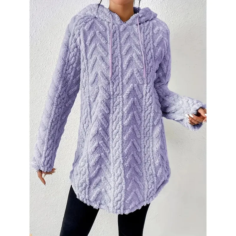 2025 Women's Solid Color Hooded Jacquard Long Sleeved Sweatshirt Jacket Slim Fit Drawstring Fur Sweatshirt