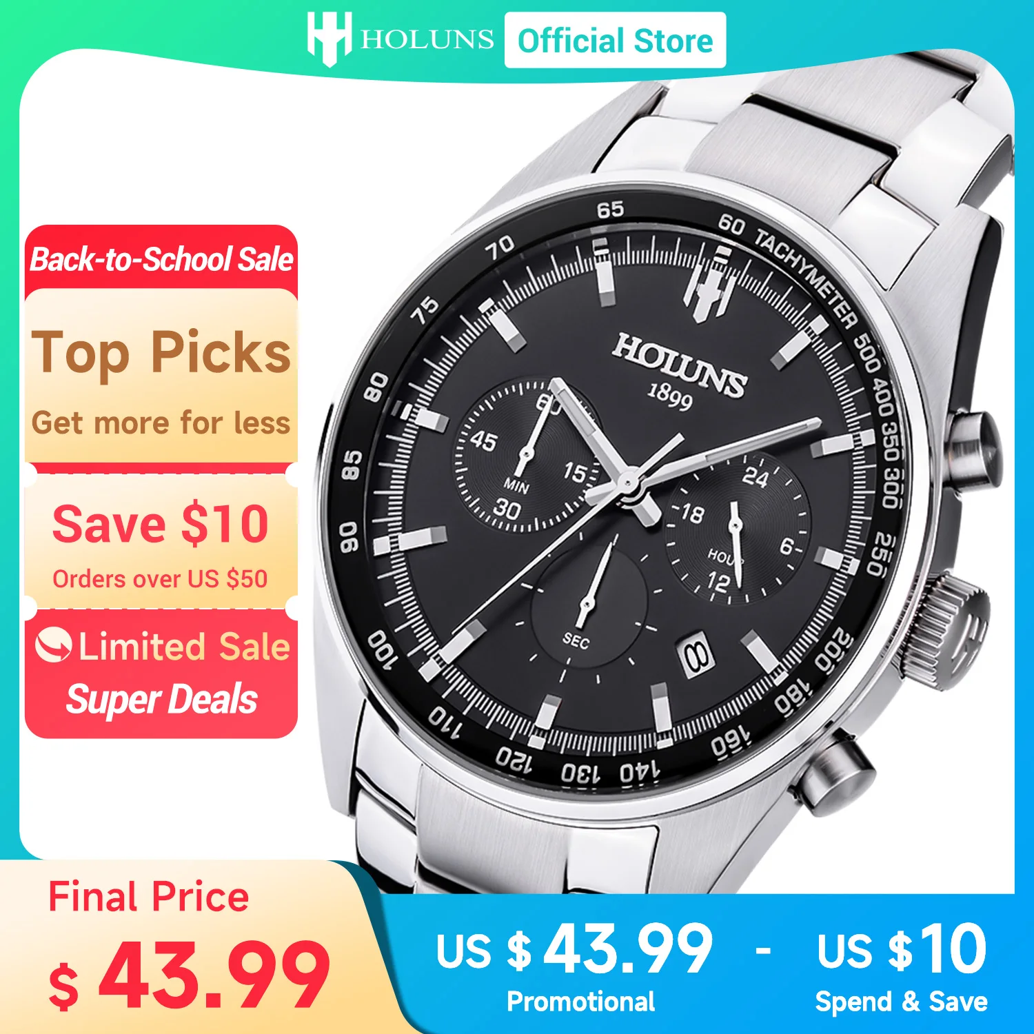 

HOLUNS mens Fashion watch Full stainless steel Multifunctional Sports chronograph quartz Wristwatches Waterproof