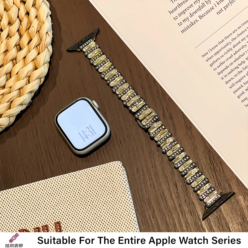 สายนาฬิกาสแตนเลสโลหะที่ไม่สม่ําเสมอพร้อมหัวเข็มขัดผีเสื้อเพชรฝังตัวสําหรับ Applewatch Steel Slim Strap สําหรับ iwatch