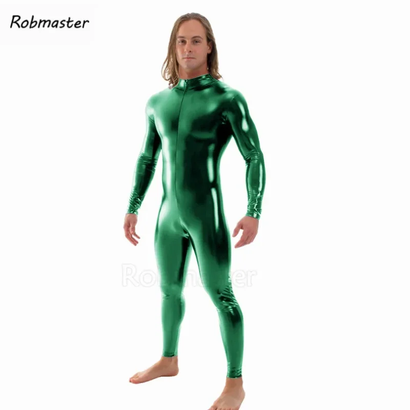 Traje de látex para hombre, medias metálicas brillantes sin cabeza, traje Zentai de manga larga con cremallera frontal, mono de piel personalizado