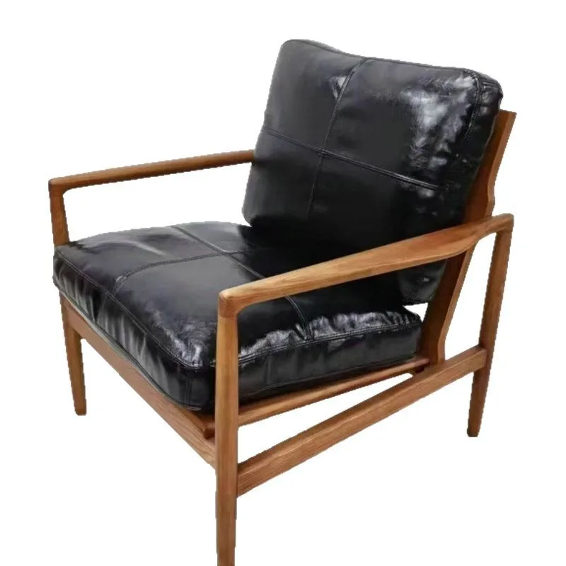 

Nordic retro solid wood leather sofa living room balcony lazy leisure chair home leather modern single