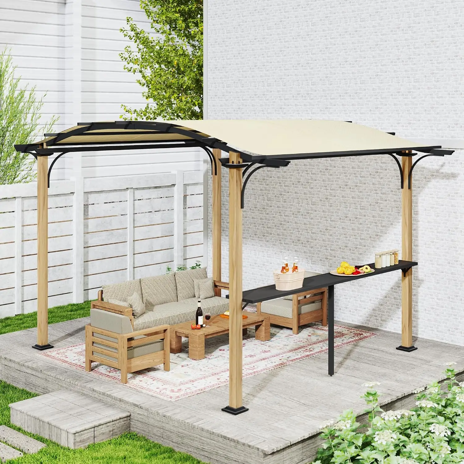 10'x13' Arched Pergola Aluminum Frame with Storage Shelf Wood-Look Shade for Patio Backyard Garden Poolside Beige, Customized