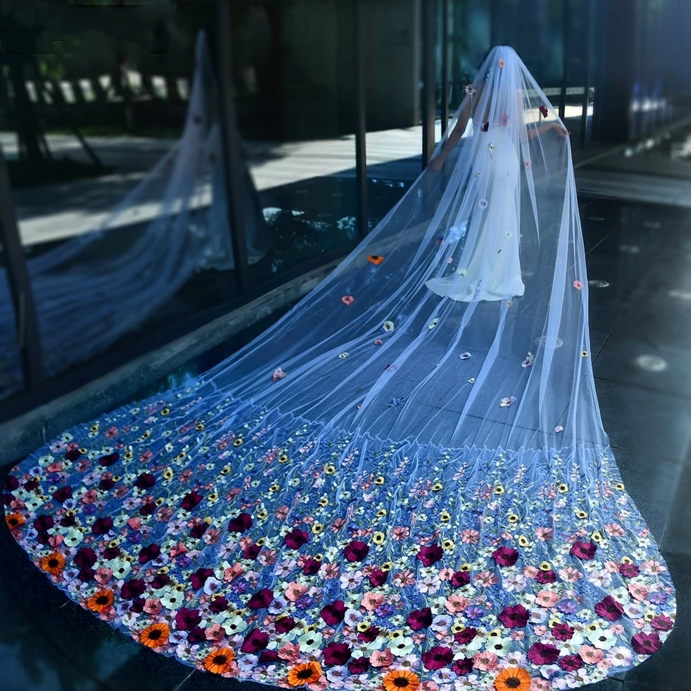 Luxury Princess Bride Veils For Wedding Party 3D Flower Applique Royal Train Bridal Accessories 3m X 4m Women Veil velo de novi