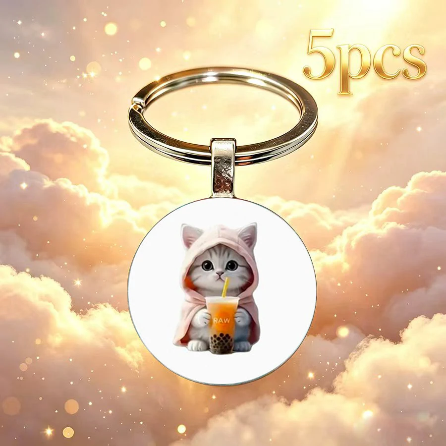5PCS Hoodie, cloak, pearl milk tea, kitten pattern keychain, birthday gift for friends, gift for cat owners