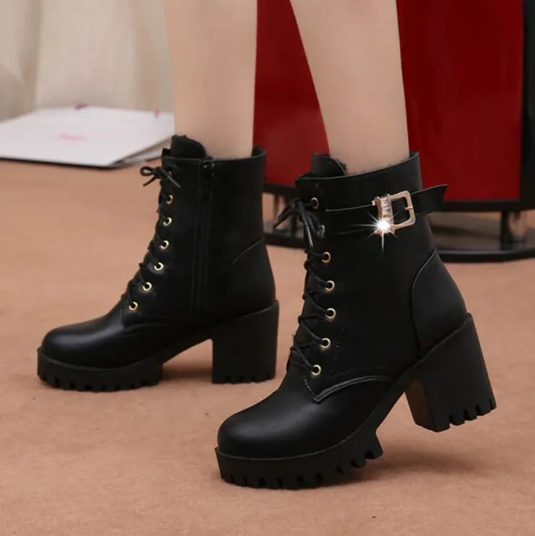 Hot Sale 2022 Women Boots Lace Up Flat Biker  Wine Red Boots Shoes Buckle Woman Botas Women Boots