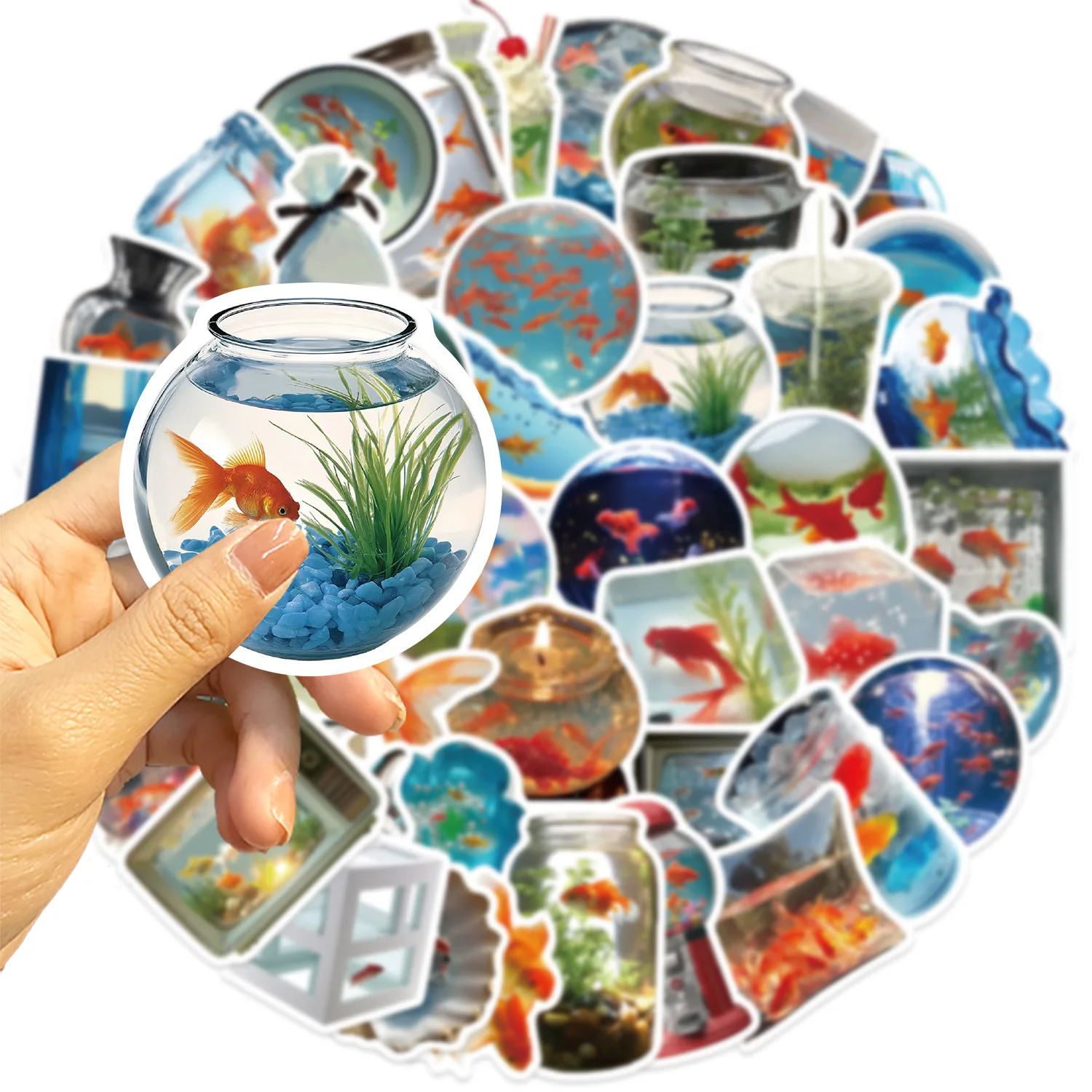 50 PCS 3D Effect Cartoon Fish Tank & Goldfish Fun Stickers Decorate Fish Tank Vase Window Fridge Vinyl Stationery Decals