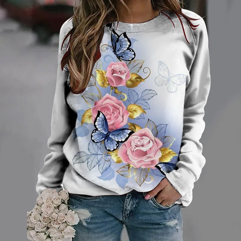 Women\'s Flower Painted Printing Round Neck Long Sleeve Sweatshirt Women\'s Hoodie Loose and Versatile Fashion Y2K Women\'s Hoodie