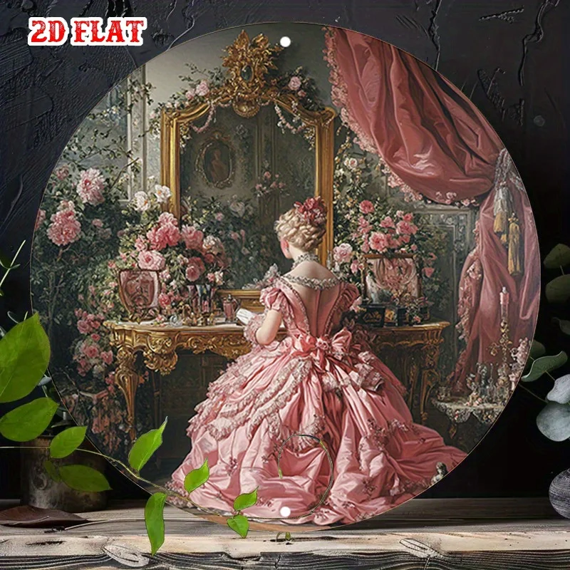 Vintage Tin Sign Retro Lady Pink Dress Rose Round Wall Art 7.8x7.8 Inch