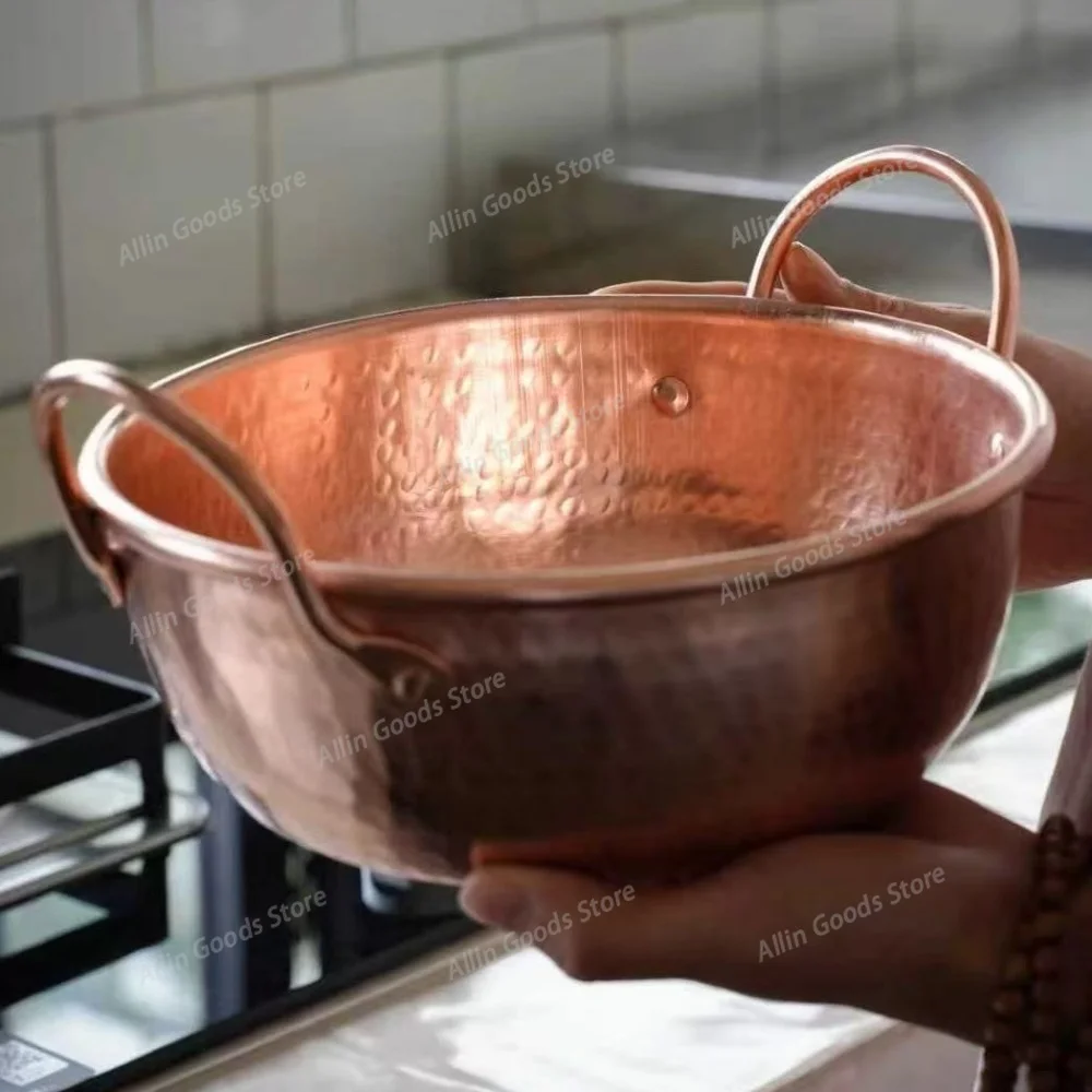Vintage Hand-Hammered Copper Cookware, Portable Outdoor Cooking Vessel for Stewing Soup Pasta, 20cm Handcrafted Kitchen Utensil