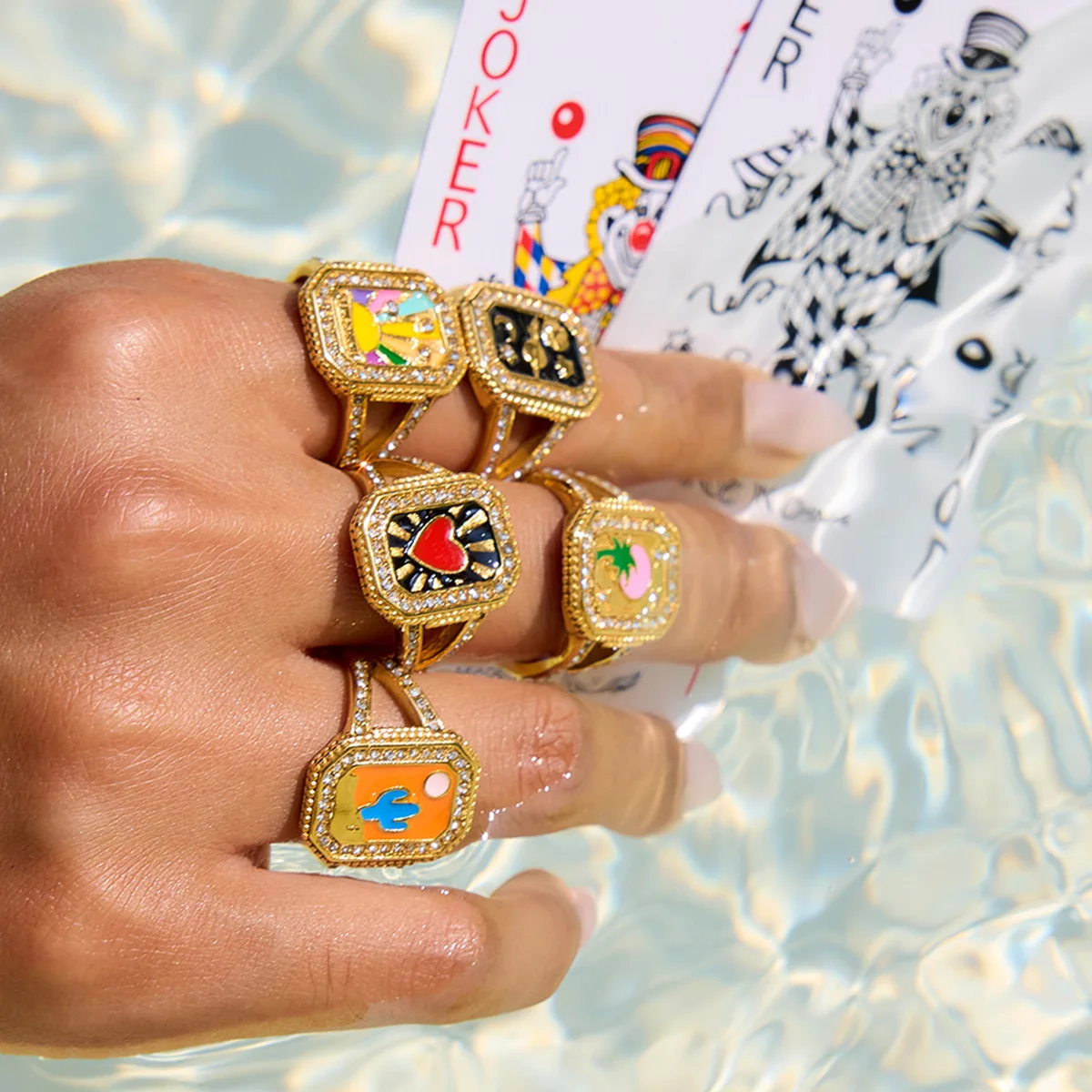 YHTOT Vintage Oil Drop Square Geometric Ring 18K Gold Color Plated Stainless Steel Tarot Card Stackable Ring Women's Jewelry Gif view 3