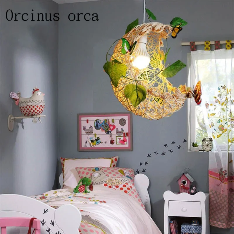 

Pastoral style creative decorative chandelier moon rattan bedroom balcony restaurant personality woven children room lamp