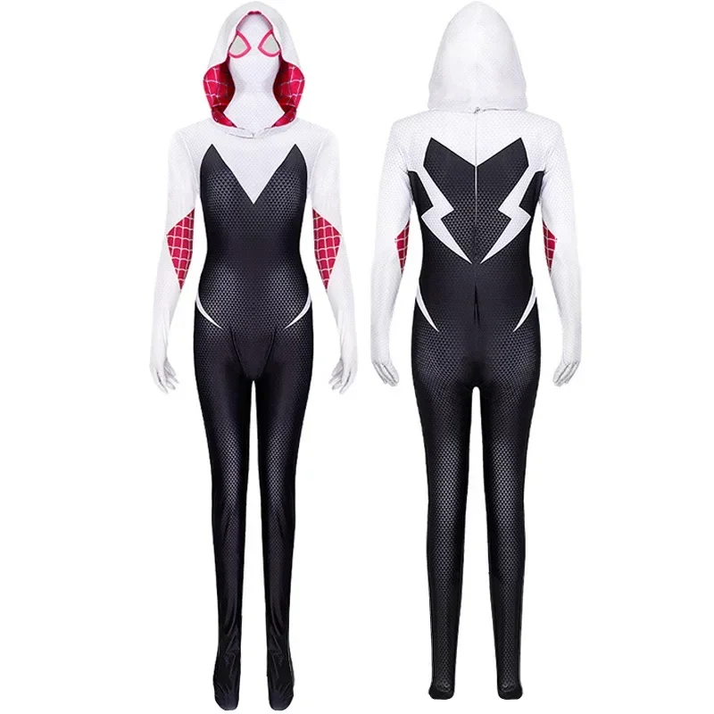 New LYCRA Fabric High Stretch Jumpsuit Gwen Stacy Spider Gwen Cosplay Costumes for Women Tights Halloween Party Detached Mask