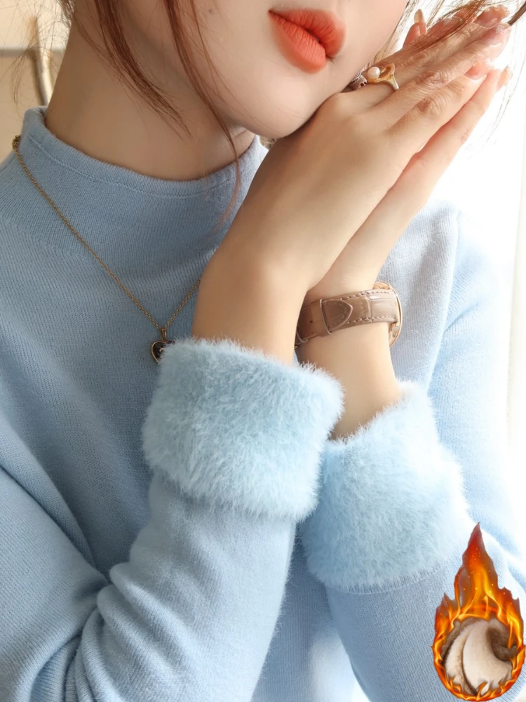 AOSSVIAO Koreanischer Stil Basic Vielseitige Oberteile Damen Gestrickter Fleece-gefütterter Dicker Pullover Neu Herbst Winter 2026 Einfarbige Warme Pullover