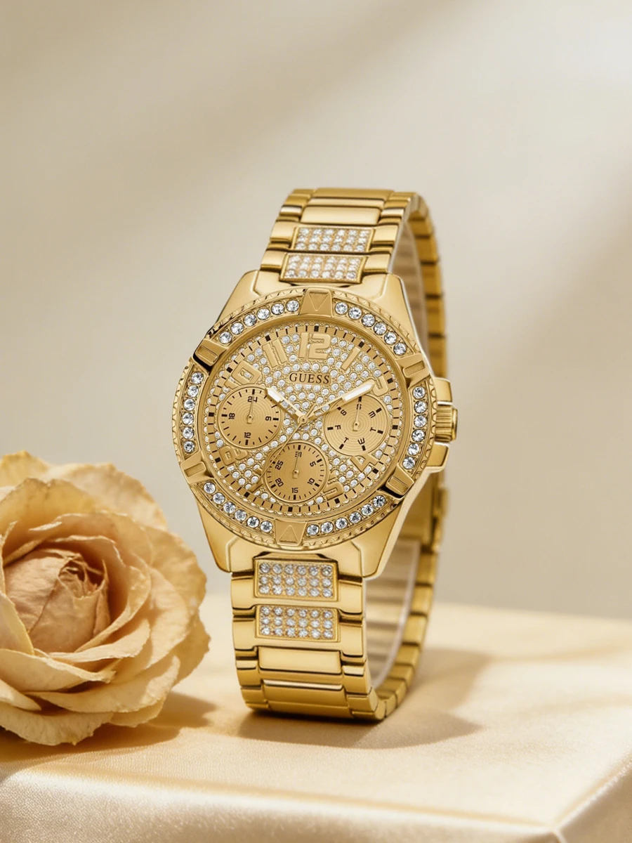 Guess Women's Quartz Watch Gold Tone Stainless Steel Chronograph Rhinestone Inlay Fashion Accessory for Party Daily Wear Gift