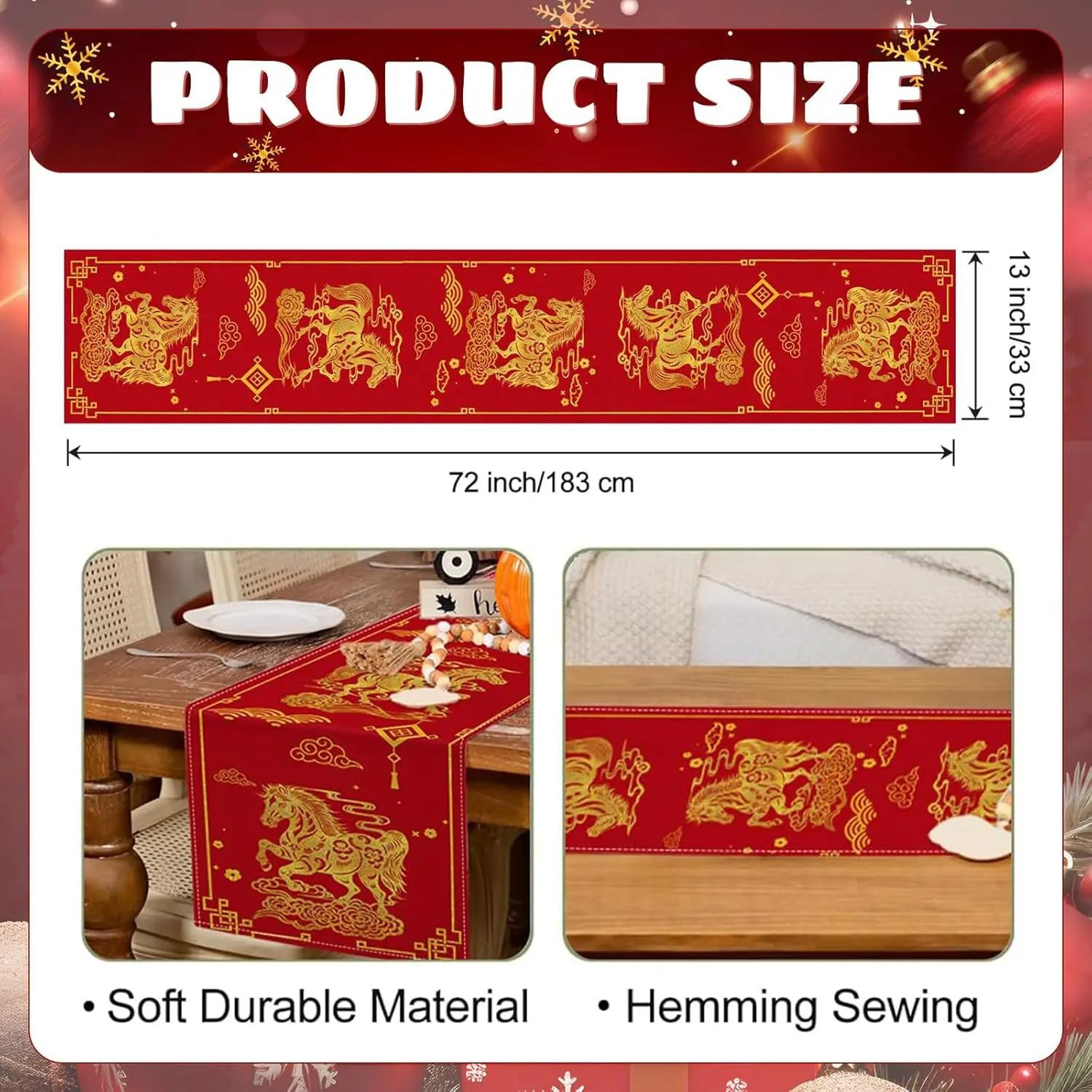 Spring Festival Table Runner with Chinese Zodiac Horse Happy New Year Decoration for Home Party Living Room Dining Table