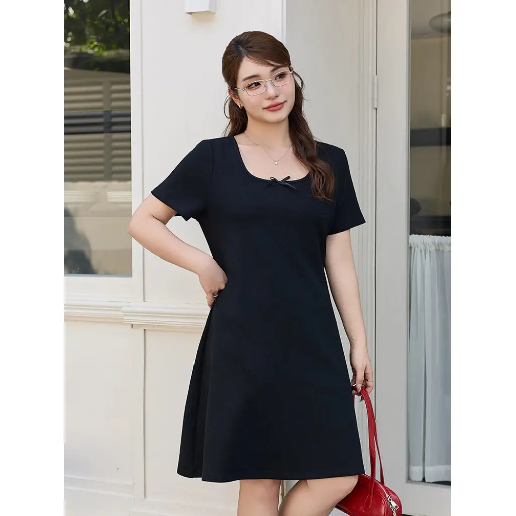 Женское темпераментное платье во французском стиле с квадратным воротником и полым бантом, юбка для похудения больших размеров для полных девочек