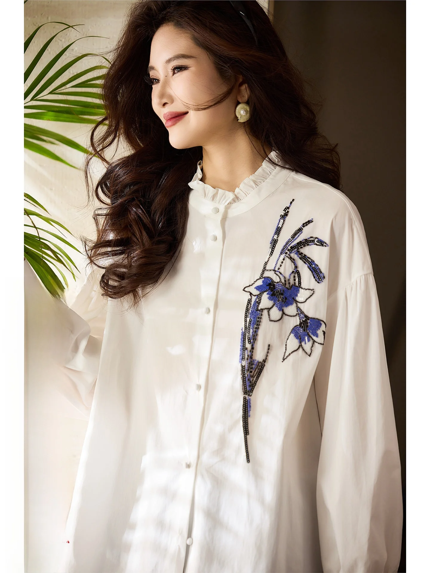 

Уличная свободная блузка с длинным рукавом и бисером для женщин, весна 2026, новинка, удобная, дышащая, из смесового хлопка