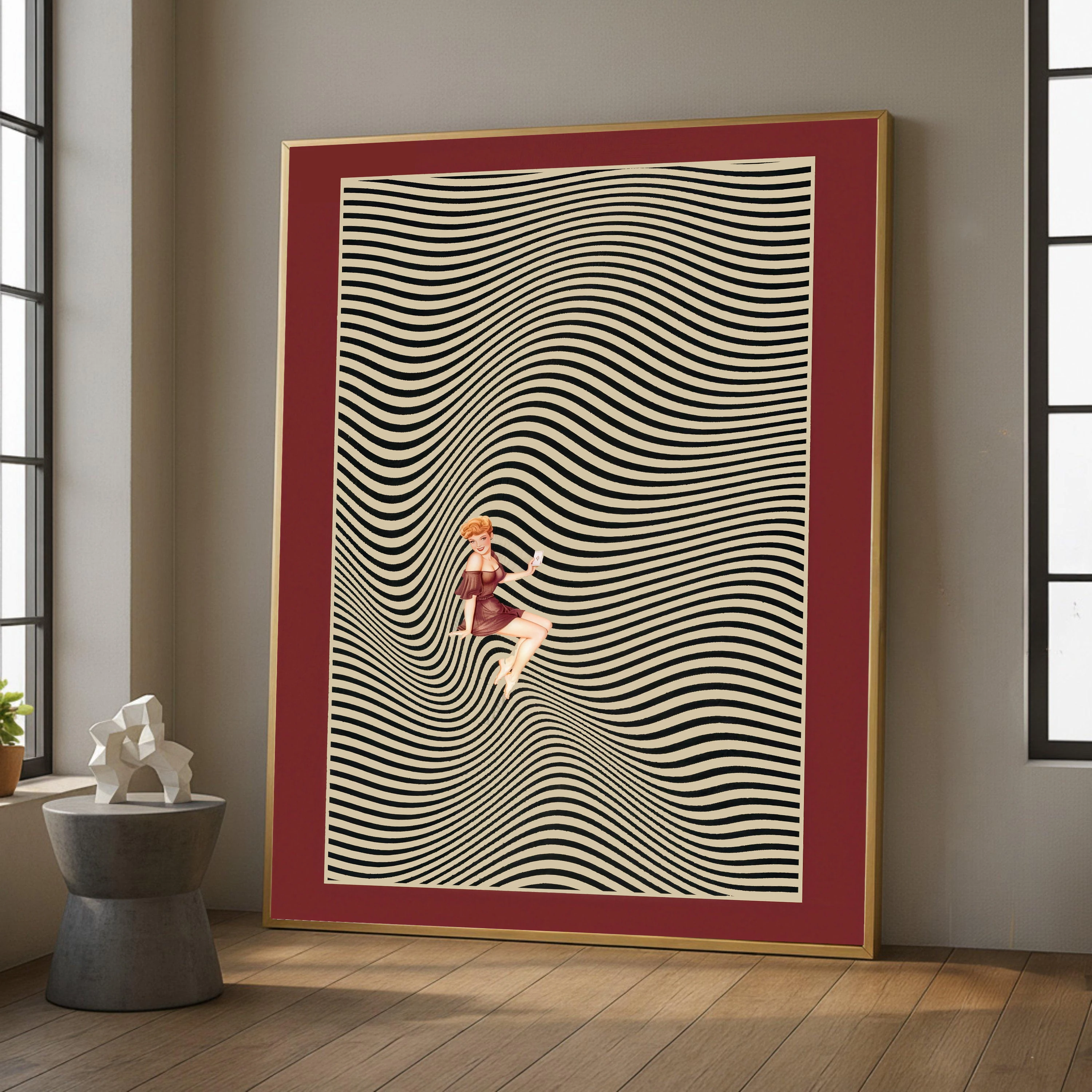 Retro Medieval-Style Girl Poster with Wavy Optical Illusion – Canvas Art for Living Room and Bedroom Decor