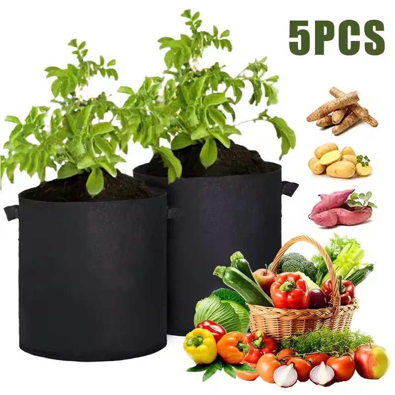 1-5Pcs Vegetable/Flower/Plant Grow Bags 5/10/15Gallons Thickened Non-Woven Grow Bags Aeration Fabric Pots with Handles