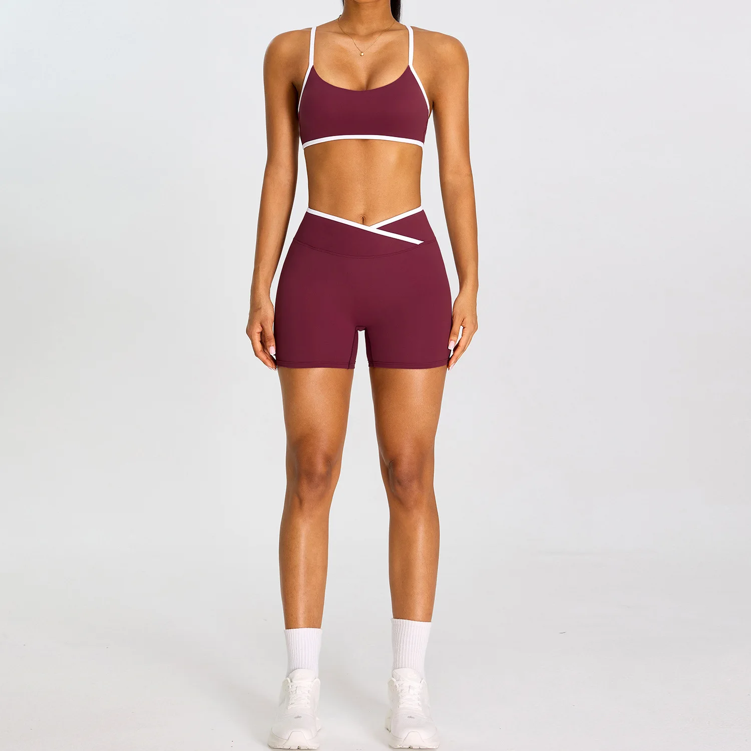 Gym Tracksuit Running Fitness Clothing Women 2 Piece Yoga Set Cross Back Top Padded High Waist V Cross Shorts Solid Workout Suit