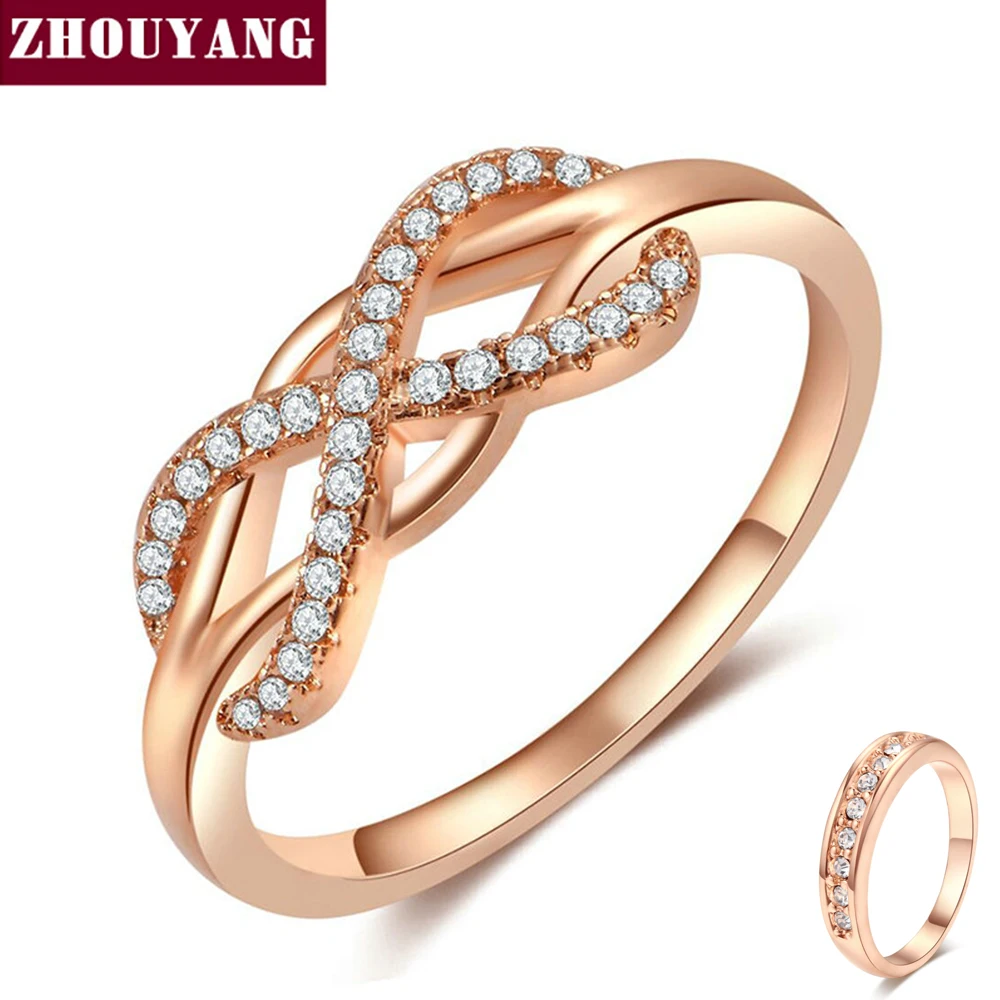 ZHOUYANG Wedding Ring For Women Romantic Endless Love Cubic Zirconia Hollowout 8 Rose Gold Color Party Gift Fashion Jewelry R836