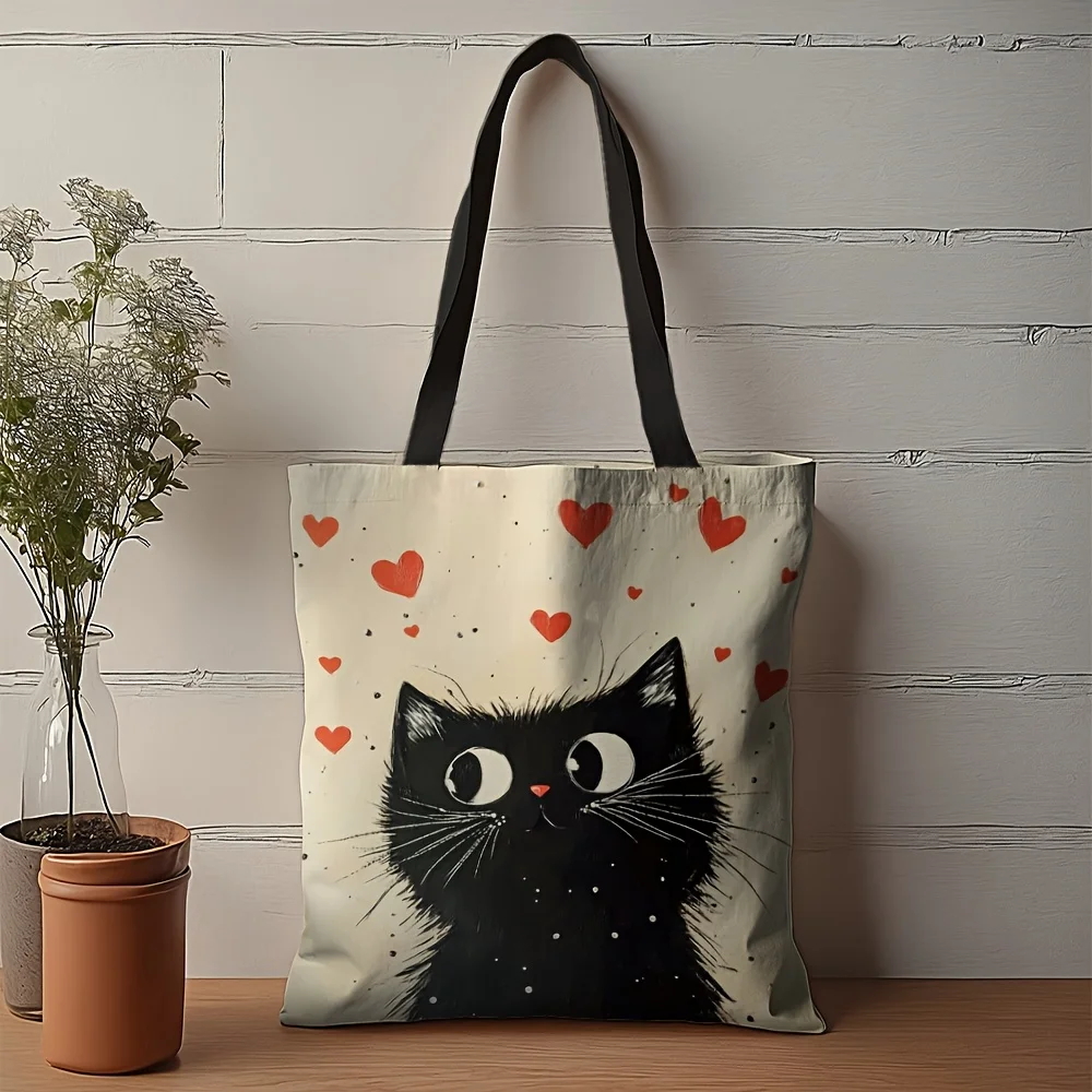 1pc Large Capacity Polyester Tote Bag, Rectangle Shoulder Bag with Black Cat and Heart Prints, Durable for Shopping