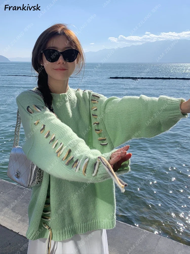 

Women Sweaters Autumn Bandage Design All-match Hotsweet Baggy Youthful O-neck Korean Style Streetwear Aesthetic Knitwear Daily