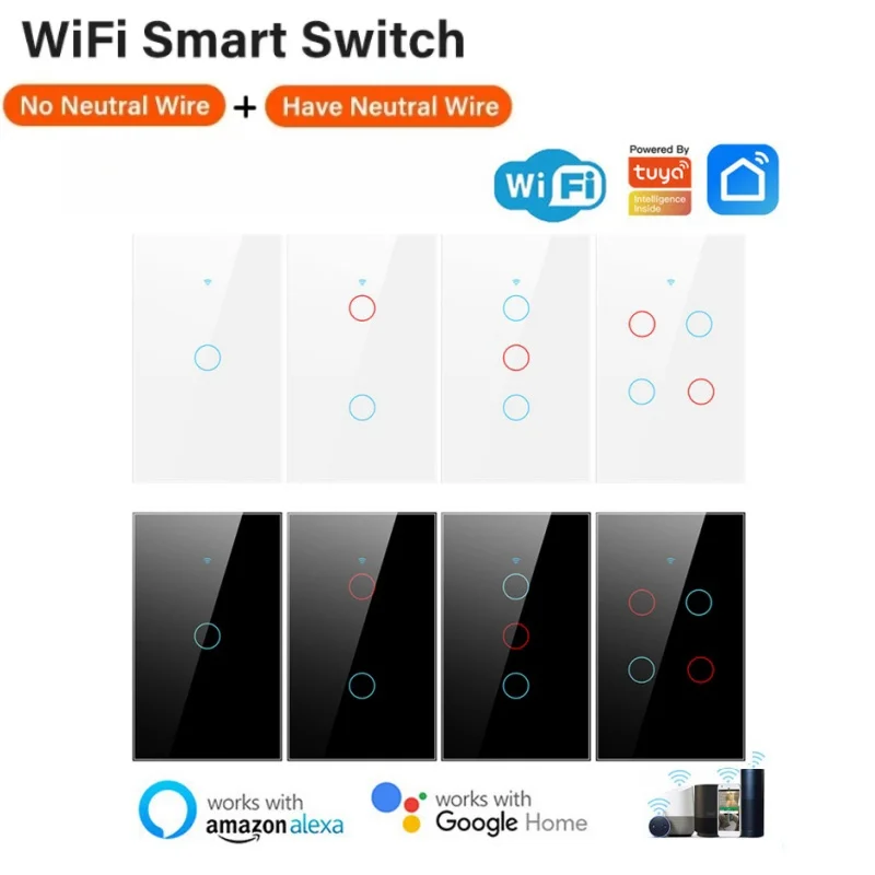 Tuya 스마트 라이프 미국 와이파이 스마트 벽 터치 조명, 중립 와이어 없음, LED 조명 앱 원격 110V 220V 스위치, 알렉사 구글 홈용 